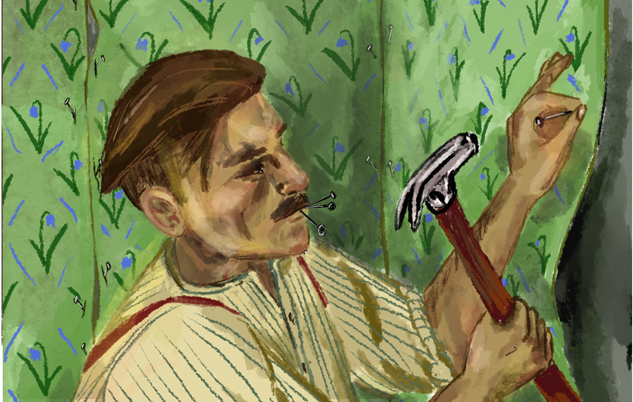 Drawing, where Arthur Shelby nails wallpapers to the wall