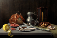 Монмутская шапка, трубки, столовый нож, кожаный мешочек, еда и прочие предметы