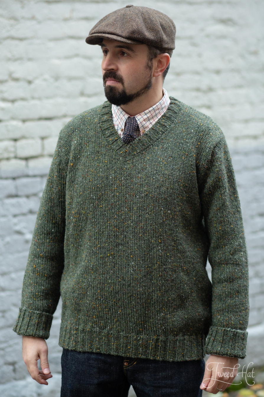 Olive Knitted V-neck Donegal Wool Pullover by McConnell Woolen Mills  [42011en]