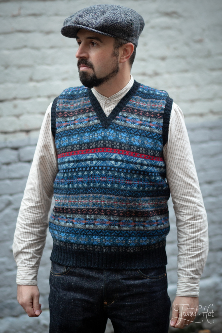 Navy Fair Isle Shetland Wool Knitted V-neck Slipover by