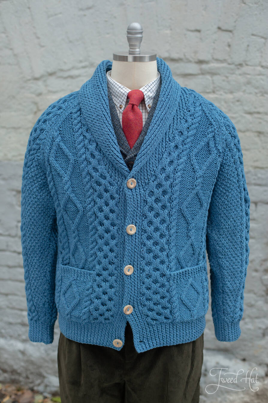 Light Blue Shawl Collar Aran Handknitted Cardigan Denim Cotton by 