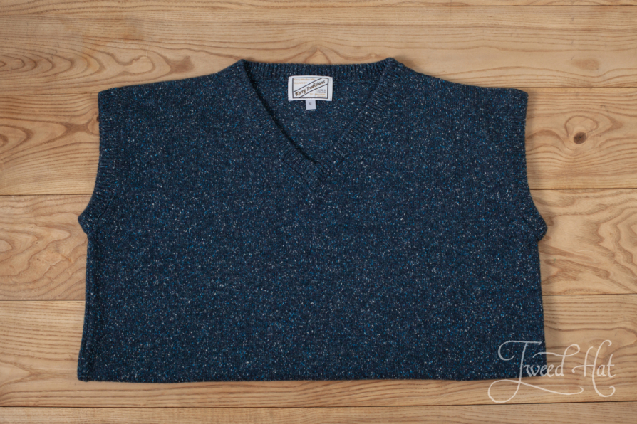 Navy Lambswool and Silk Knitted V-neck Slipover by Kerry Woolen Mills