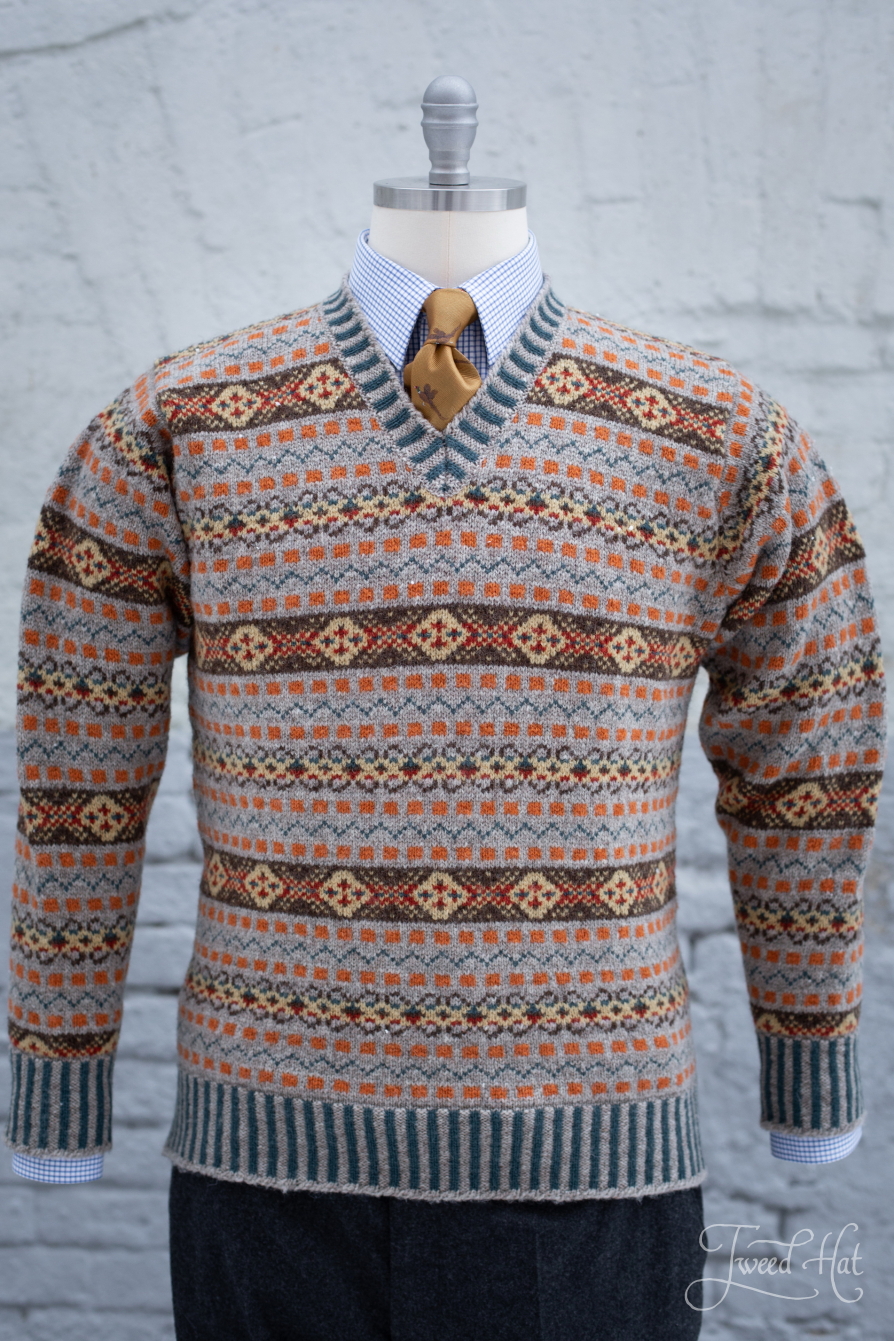 Grey Fair Isle Shetland Wool Knitted V neck Pullover Prince of Wales by Jamiesons of Shetland